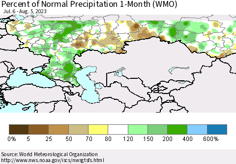 Russian Federation Percent of Normal Precipitation 1-Month (WMO) Thematic Map For 7/6/2023 - 8/5/2023
