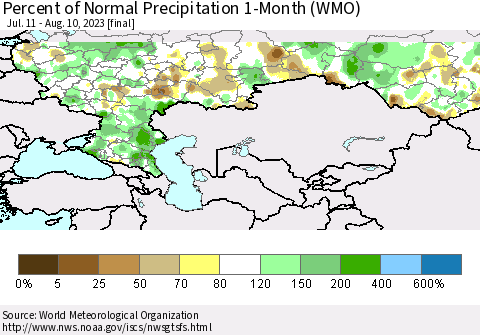 Russian Federation Percent of Normal Precipitation 1-Month (WMO) Thematic Map For 7/11/2023 - 8/10/2023