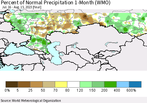 Russian Federation Percent of Normal Precipitation 1-Month (WMO) Thematic Map For 7/16/2023 - 8/15/2023
