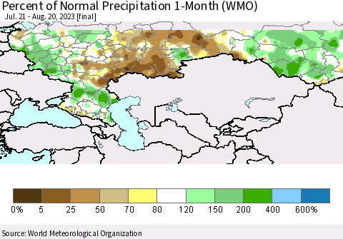 Russian Federation Percent of Normal Precipitation 1-Month (WMO) Thematic Map For 7/21/2023 - 8/20/2023