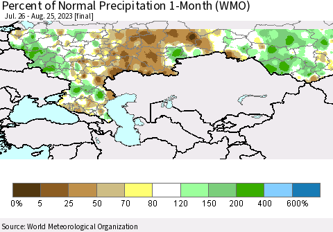 Russian Federation Percent of Normal Precipitation 1-Month (WMO) Thematic Map For 7/26/2023 - 8/25/2023