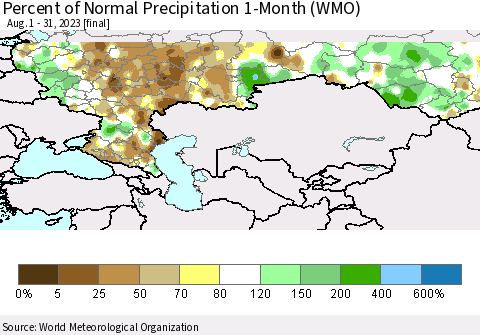 Russian Federation Percent of Normal Precipitation 1-Month (WMO) Thematic Map For 8/1/2023 - 8/31/2023