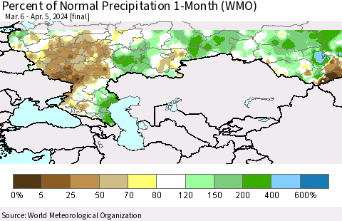 Russian Federation Percent of Normal Precipitation 1-Month (WMO) Thematic Map For 3/6/2024 - 4/5/2024
