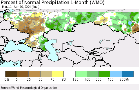 Russian Federation Percent of Normal Precipitation 1-Month (WMO) Thematic Map For 3/11/2024 - 4/10/2024