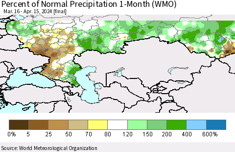 Russian Federation Percent of Normal Precipitation 1-Month (WMO) Thematic Map For 3/16/2024 - 4/15/2024