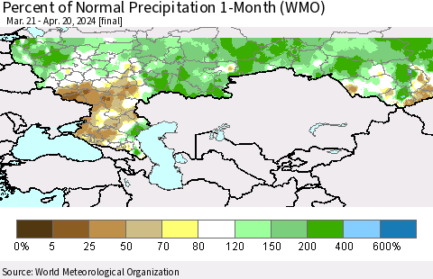 Russian Federation Percent of Normal Precipitation 1-Month (WMO) Thematic Map For 3/21/2024 - 4/20/2024