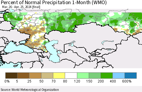 Russian Federation Percent of Normal Precipitation 1-Month (WMO) Thematic Map For 3/26/2024 - 4/25/2024