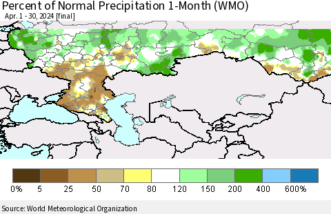Russian Federation Percent of Normal Precipitation 1-Month (WMO) Thematic Map For 4/1/2024 - 4/30/2024