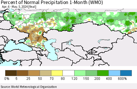 Russian Federation Percent of Normal Precipitation 1-Month (WMO) Thematic Map For 4/6/2024 - 5/5/2024
