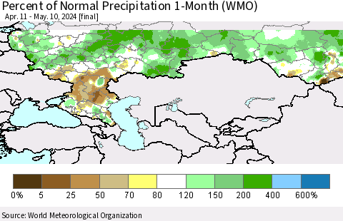 Russian Federation Percent of Normal Precipitation 1-Month (WMO) Thematic Map For 4/11/2024 - 5/10/2024