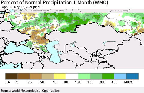 Russian Federation Percent of Normal Precipitation 1-Month (WMO) Thematic Map For 4/16/2024 - 5/15/2024
