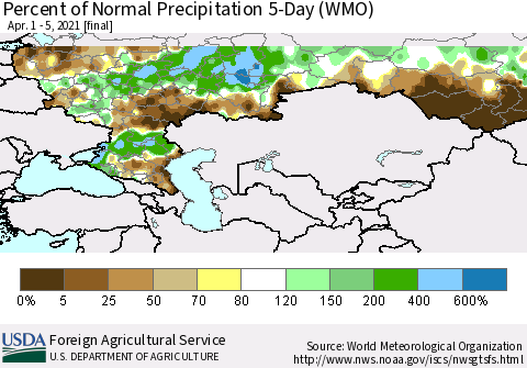 Russian Federation Percent of Normal Precipitation 5-Day (WMO) Thematic Map For 4/1/2021 - 4/5/2021