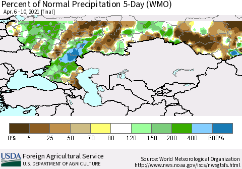 Russian Federation Percent of Normal Precipitation 5-Day (WMO) Thematic Map For 4/6/2021 - 4/10/2021
