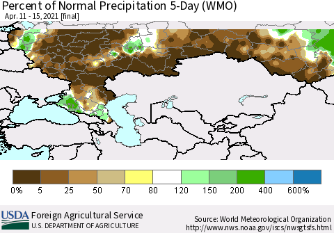 Russian Federation Percent of Normal Precipitation 5-Day (WMO) Thematic Map For 4/11/2021 - 4/15/2021