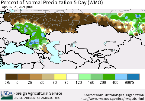 Russian Federation Percent of Normal Precipitation 5-Day (WMO) Thematic Map For 4/16/2021 - 4/20/2021