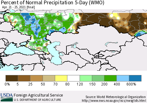 Russian Federation Percent of Normal Precipitation 5-Day (WMO) Thematic Map For 4/21/2021 - 4/25/2021