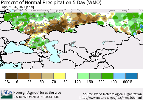 Russian Federation Percent of Normal Precipitation 5-Day (WMO) Thematic Map For 4/26/2021 - 4/30/2021