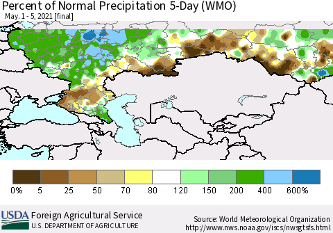 Russian Federation Percent of Normal Precipitation 5-Day (WMO) Thematic Map For 5/1/2021 - 5/5/2021