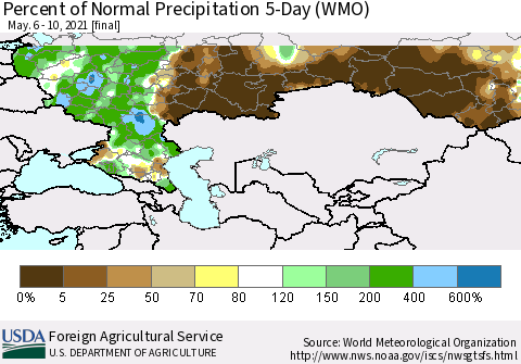 Russian Federation Percent of Normal Precipitation 5-Day (WMO) Thematic Map For 5/6/2021 - 5/10/2021