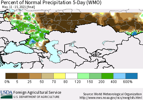 Russian Federation Percent of Normal Precipitation 5-Day (WMO) Thematic Map For 5/11/2021 - 5/15/2021