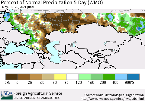 Russian Federation Percent of Normal Precipitation 5-Day (WMO) Thematic Map For 5/16/2021 - 5/20/2021