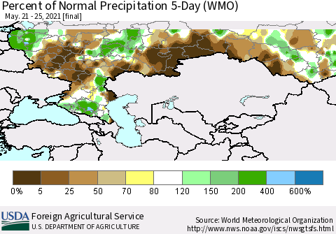 Russian Federation Percent of Normal Precipitation 5-Day (WMO) Thematic Map For 5/21/2021 - 5/25/2021