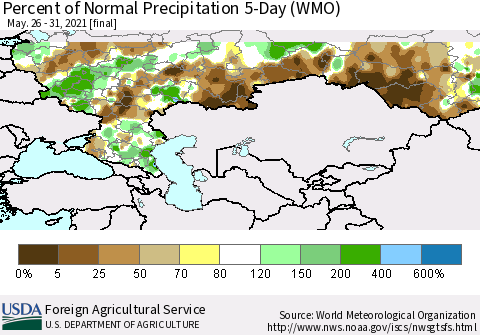 Russian Federation Percent of Normal Precipitation 5-Day (WMO) Thematic Map For 5/26/2021 - 5/31/2021