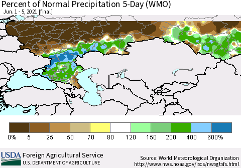 Russian Federation Percent of Normal Precipitation 5-Day (WMO) Thematic Map For 6/1/2021 - 6/5/2021