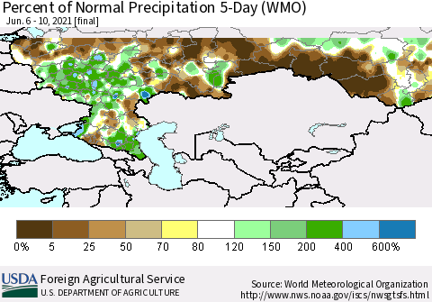 Russian Federation Percent of Normal Precipitation 5-Day (WMO) Thematic Map For 6/6/2021 - 6/10/2021