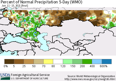 Russian Federation Percent of Normal Precipitation 5-Day (WMO) Thematic Map For 6/11/2021 - 6/15/2021