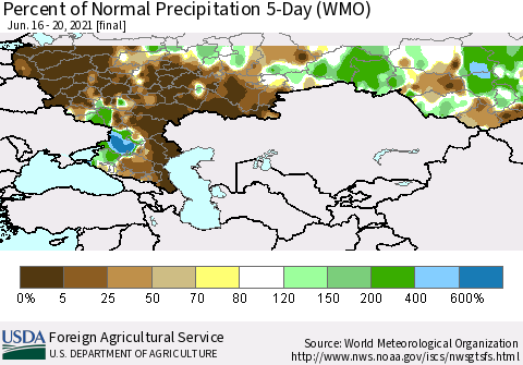 Russian Federation Percent of Normal Precipitation 5-Day (WMO) Thematic Map For 6/16/2021 - 6/20/2021