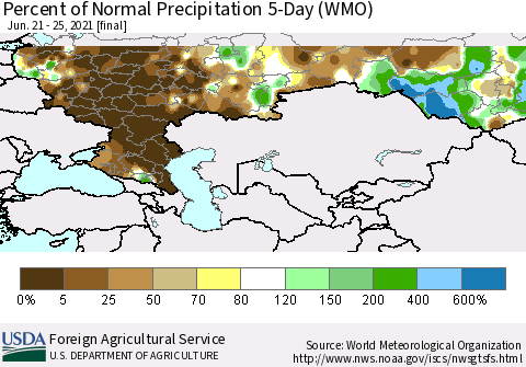 Russian Federation Percent of Normal Precipitation 5-Day (WMO) Thematic Map For 6/21/2021 - 6/25/2021