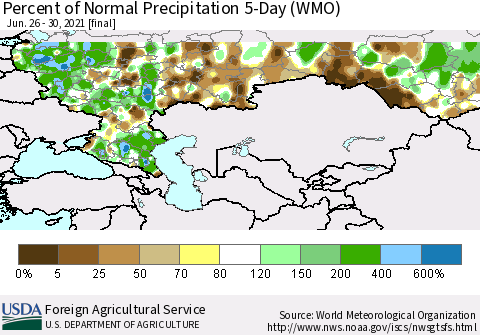 Russian Federation Percent of Normal Precipitation 5-Day (WMO) Thematic Map For 6/26/2021 - 6/30/2021