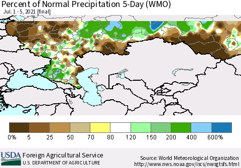 Russian Federation Percent of Normal Precipitation 5-Day (WMO) Thematic Map For 7/1/2021 - 7/5/2021