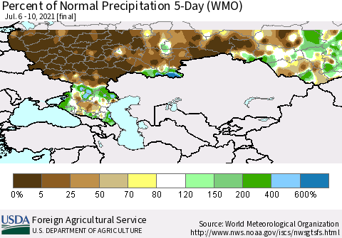 Russian Federation Percent of Normal Precipitation 5-Day (WMO) Thematic Map For 7/6/2021 - 7/10/2021