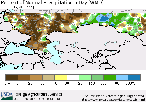 Russian Federation Percent of Normal Precipitation 5-Day (WMO) Thematic Map For 7/11/2021 - 7/15/2021