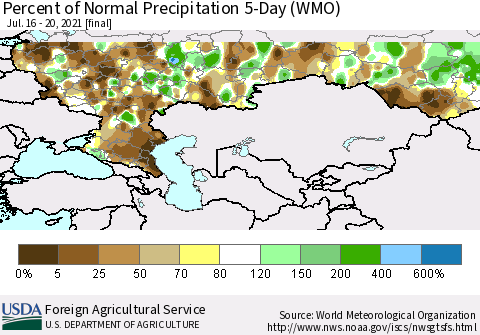 Russian Federation Percent of Normal Precipitation 5-Day (WMO) Thematic Map For 7/16/2021 - 7/20/2021
