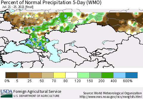 Russian Federation Percent of Normal Precipitation 5-Day (WMO) Thematic Map For 7/21/2021 - 7/25/2021