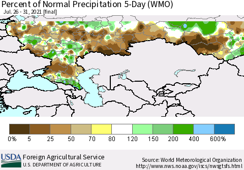 Russian Federation Percent of Normal Precipitation 5-Day (WMO) Thematic Map For 7/26/2021 - 7/31/2021
