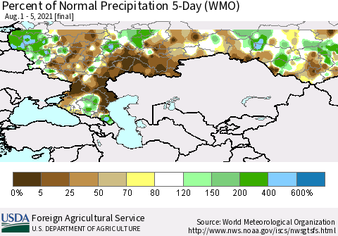 Russian Federation Percent of Normal Precipitation 5-Day (WMO) Thematic Map For 8/1/2021 - 8/5/2021