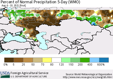 Russian Federation Percent of Normal Precipitation 5-Day (WMO) Thematic Map For 8/6/2021 - 8/10/2021