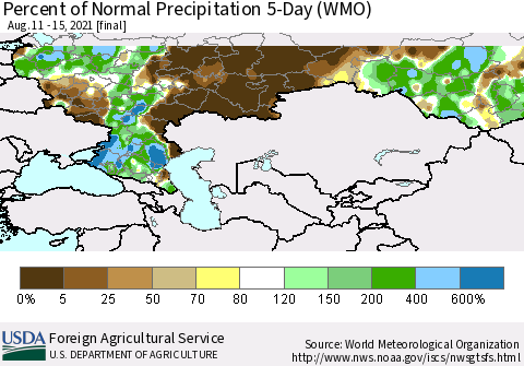 Russian Federation Percent of Normal Precipitation 5-Day (WMO) Thematic Map For 8/11/2021 - 8/15/2021