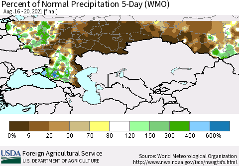 Russian Federation Percent of Normal Precipitation 5-Day (WMO) Thematic Map For 8/16/2021 - 8/20/2021