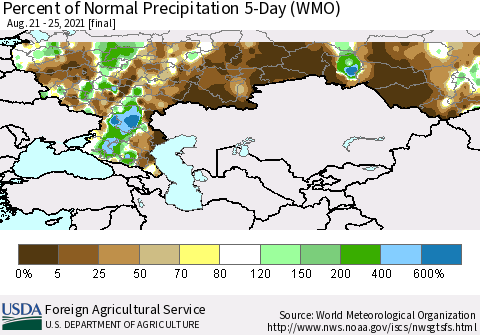 Russian Federation Percent of Normal Precipitation 5-Day (WMO) Thematic Map For 8/21/2021 - 8/25/2021