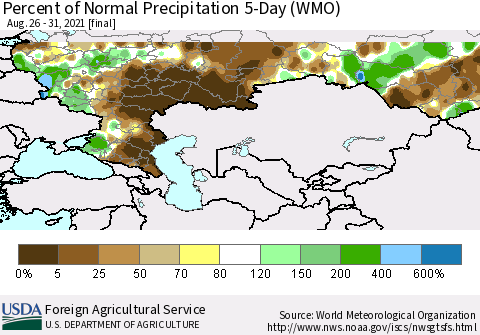 Russian Federation Percent of Normal Precipitation 5-Day (WMO) Thematic Map For 8/26/2021 - 8/31/2021