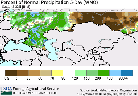 Russian Federation Percent of Normal Precipitation 5-Day (WMO) Thematic Map For 9/1/2021 - 9/5/2021