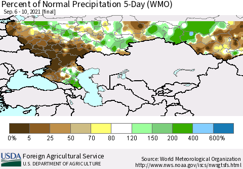 Russian Federation Percent of Normal Precipitation 5-Day (WMO) Thematic Map For 9/6/2021 - 9/10/2021