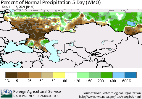 Russian Federation Percent of Normal Precipitation 5-Day (WMO) Thematic Map For 9/11/2021 - 9/15/2021