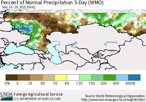 Russian Federation Percent of Normal Precipitation 5-Day (WMO) Thematic Map For 9/16/2021 - 9/20/2021