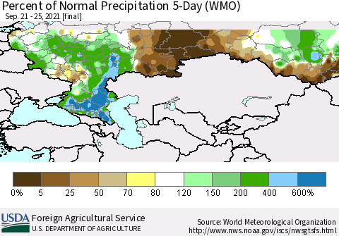 Russian Federation Percent of Normal Precipitation 5-Day (WMO) Thematic Map For 9/21/2021 - 9/25/2021